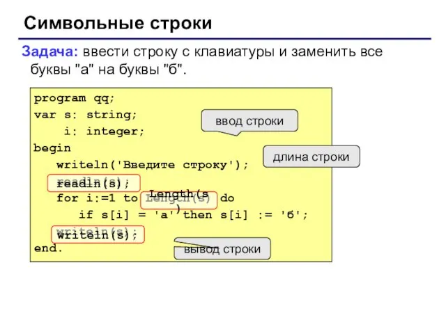 Символьные строки Задача: ввести строку с клавиатуры и заменить все буквы "а"