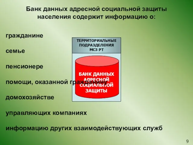 Банк данных адресной социальной защиты населения содержит информацию о: гражданине семье пенсионере