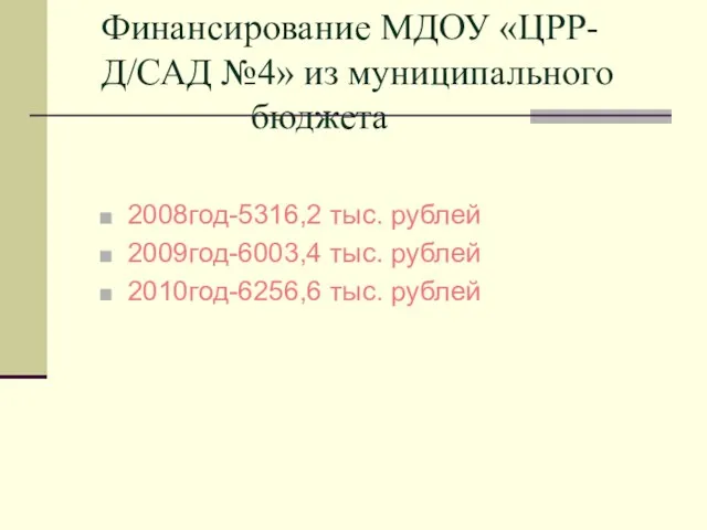 2008год-5316,2 тыс. рублей 2009год-6003,4 тыс. рублей 2010год-6256,6 тыс. рублей Финансирование МДОУ «ЦРР-Д/САД №4» из муниципального бюджета