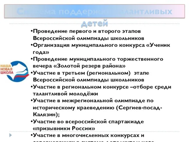 Система поддержки талантливых детей Проведение первого и второго этапов Всероссийской олимпиады школьников