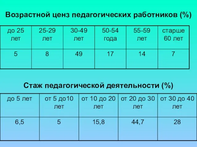 Возрастной ценз педагогических работников (%) Стаж педагогической деятельности (%)