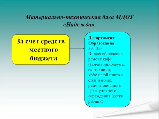 За счет средств местного бюджета Материально-техническая база МДОУ «Надежда». Департамент Образования 391