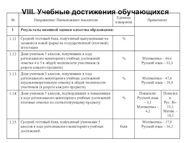 VIII. Учебные достижения обучающихся