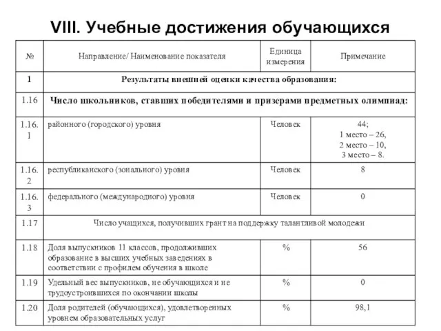 VIII. Учебные достижения обучающихся