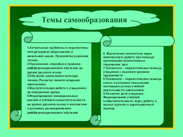 Темы самообразования 6. Воспитание коллектива через внеклассную работу при помощи организации коллективных