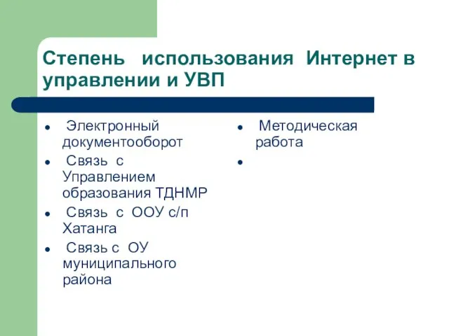 Степень использования Интернет в управлении и УВП Электронный документооборот Связь с Управлением