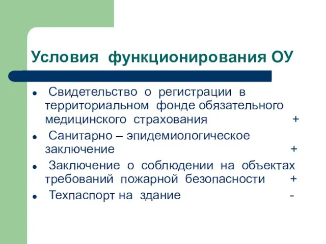 Условия функционирования ОУ Свидетельство о регистрации в территориальном фонде обязательного медицинского страхования