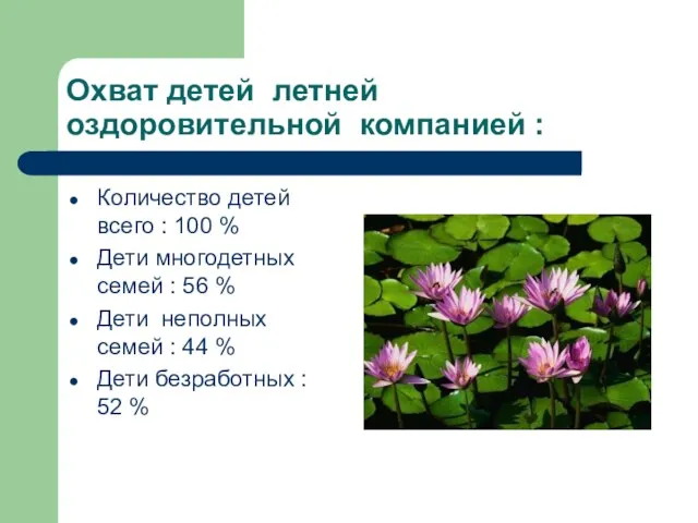 Охват детей летней оздоровительной компанией : Количество детей всего : 100 %