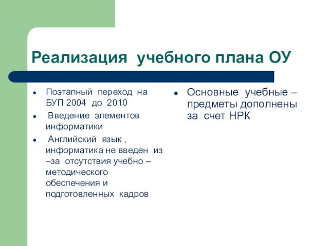 Реализация учебного плана ОУ Поэтапный переход на БУП 2004 до 2010 Введение