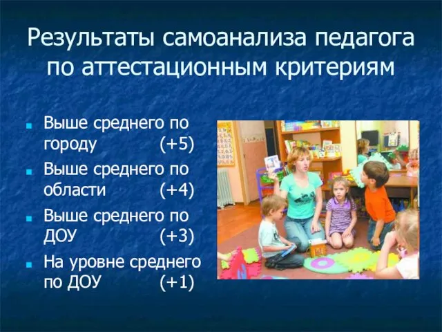 Результаты самоанализа педагога по аттестационным критериям Выше среднего по городу (+5) Выше