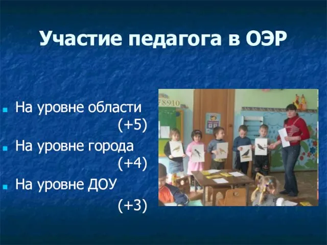 Участие педагога в ОЭР На уровне области (+5) На уровне города (+4) На уровне ДОУ (+3)