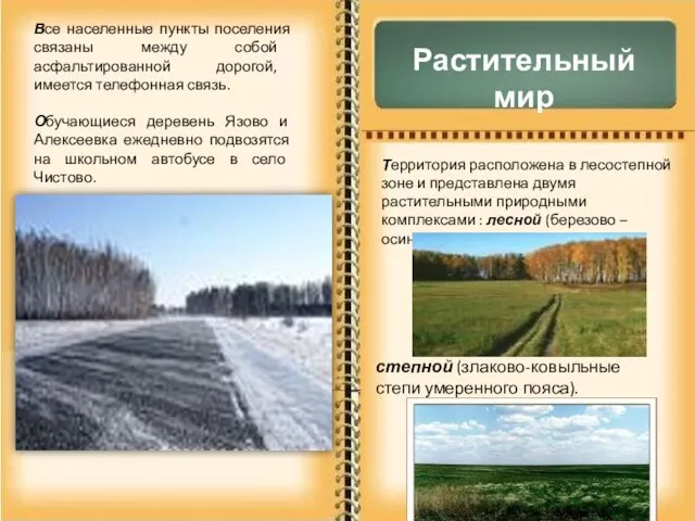 Все населенные пункты поселения связаны между собой асфальтированной дорогой, имеется телефонная связь.