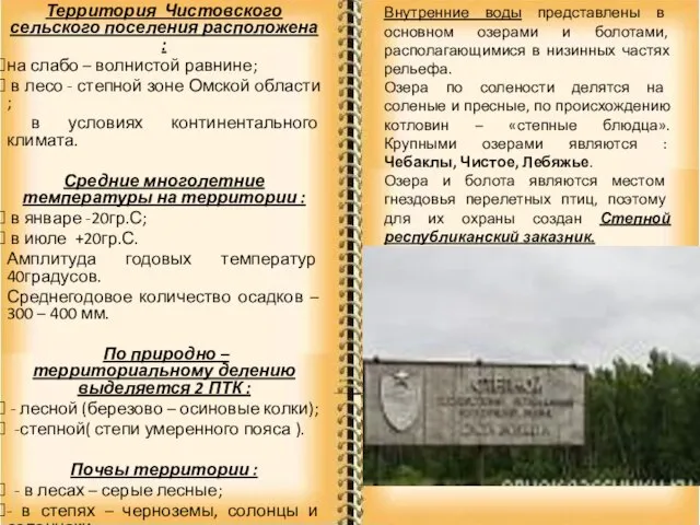 Территория Чистовского сельского поселения расположена : на слабо – волнистой равнине; в