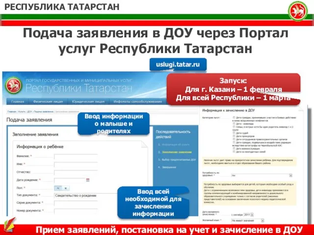 РЕСПУБЛИКА ТАТАРСТАН Подача заявления в ДОУ через Портал услуг Республики Татарстан Ввод