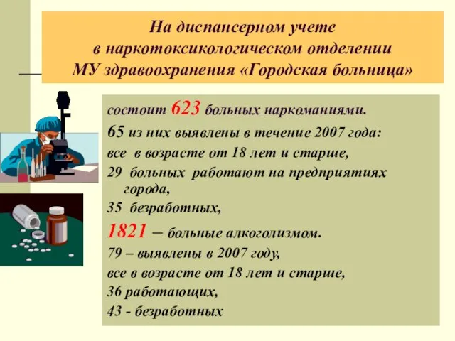 На диспансерном учете в наркотоксикологическом отделении МУ здравоохранения «Городская больница» состоит 623