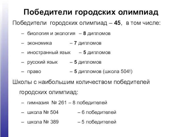 Победители городских олимпиад – 45, в том числе: биология и экология –