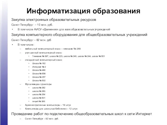 Информатизация образования Закупка электронных образовательных ресурсов Санкт-Петербург – 10 млн. руб. В