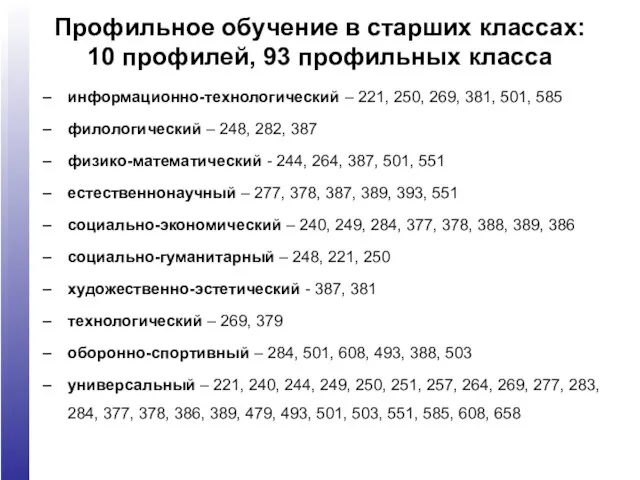 Профильное обучение в старших классах: 10 профилей, 93 профильных класса информационно-технологический –