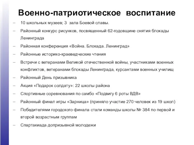 Военно-патриотическое воспитание 10 школьных музеев; 3 зала Боевой славы. Районный конкурс рисунков,