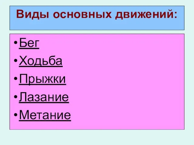 Виды основных движений: Бег Ходьба Прыжки Лазание Метание