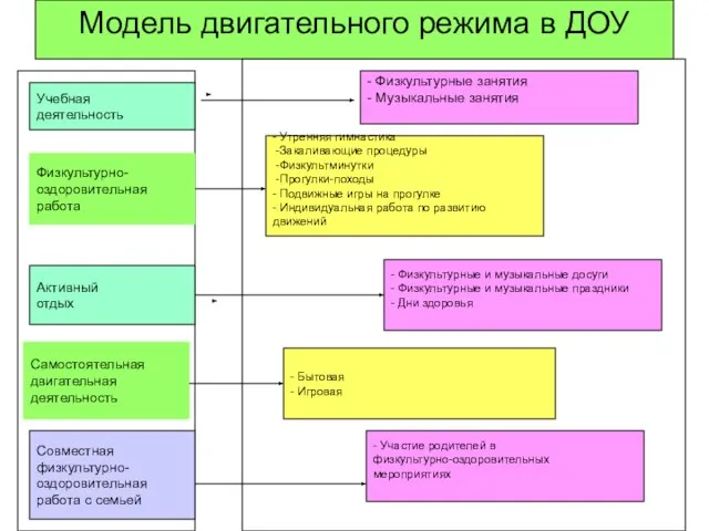 Модель двигательного режима в ДОУ Учебная деятельность Совместная физкультурно- оздоровительная работа с