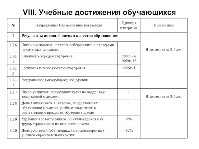 VIII. Учебные достижения обучающихся