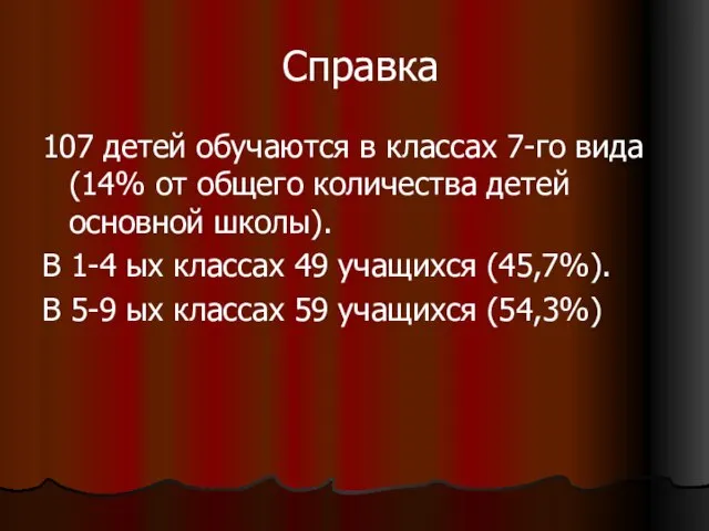 Справка 107 детей обучаются в классах 7-го вида (14% от общего количества