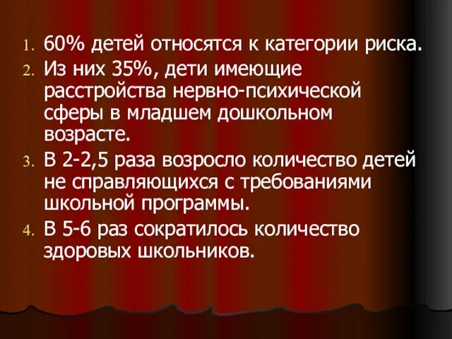 60% детей относятся к категории риска. Из них 35%, дети имеющие расстройства