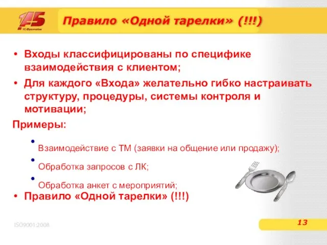 Правило «Одной тарелки» (!!!) Входы классифицированы по специфике взаимодействия с клиентом; Для