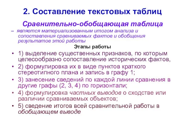 2. Составление текстовых таблиц Сравнительно-обобщающая таблица – является материализованным итогом анализа и