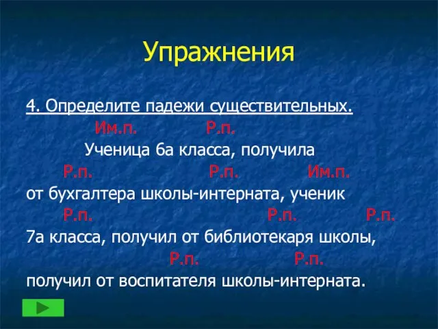 Упражнения 4. Определите падежи существительных. Им.п. Р.п. Ученица 6а класса, получила Р.п.