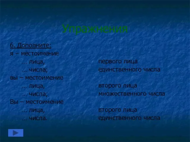 Упражнения 6. Дополните: я – местоимение … лица, … числа; вы –