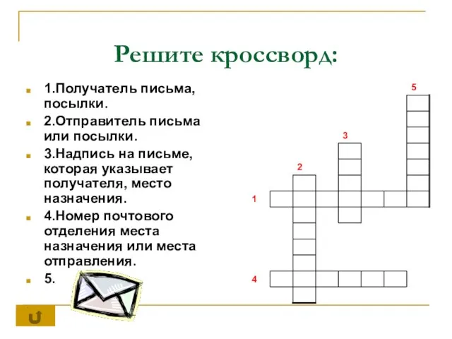 Решите кроссворд: 1.Получатель письма, посылки. 2.Отправитель письма или посылки. 3.Надпись на письме,