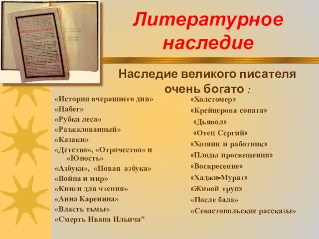 Литературное наследие «История вчерашнего дня» «Набег» «Рубка леса» «Разжалованный» «Казаки» «Детство», «Отрочество»