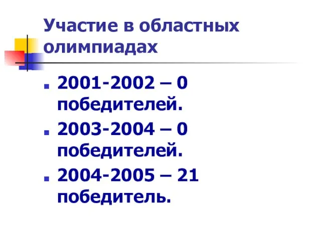 Участие в областных олимпиадах 2001-2002 – 0 победителей. 2003-2004 – 0 победителей. 2004-2005 – 21 победитель.