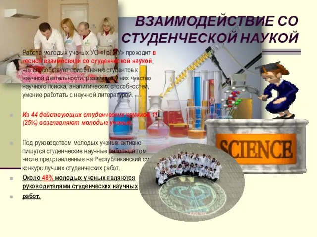 ВЗАИМОДЕЙСТВИЕ СО СТУДЕНЧЕСКОЙ НАУКОЙ Работа молодых ученых УО «ГрГМУ» проходит в тесной