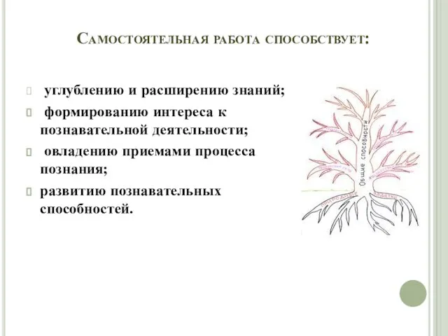 Самостоятельная работа способствует: углублению и расширению знаний; формированию интереса к познавательной деятельности;