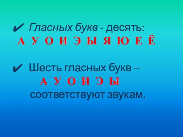 Гласных букв - десять: А У О И Э Ы Я Ю