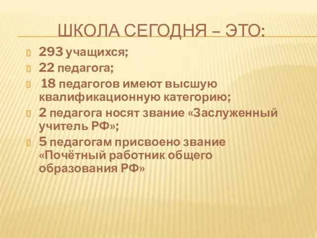 ШКОЛА СЕГОДНЯ – ЭТО: 293 учащихся; 22 педагога; 18 педагогов имеют высшую