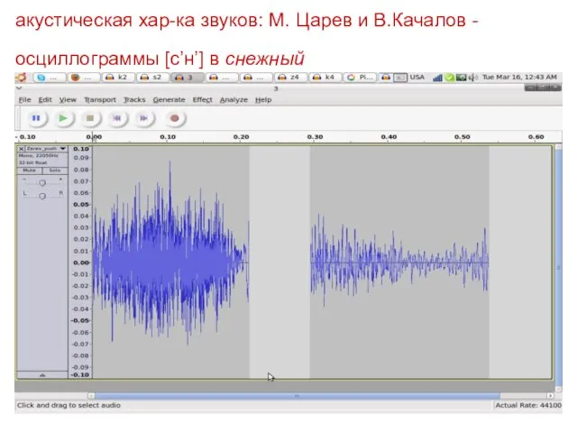 акустическая хар-ка звуков: М. Царев и В.Качалов -осциллограммы [с’н’] в снежный