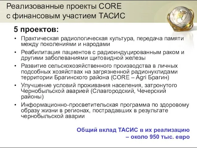 Реализованные проекты CORE с финансовым участием ТАСИС 5 проектов: Практическая радиологическая культура,