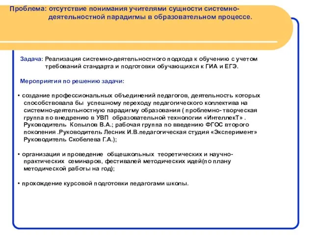 Проблема: отсутствие понимания учителями сущности системно- деятельностной парадигмы в образовательном процессе. Задача: