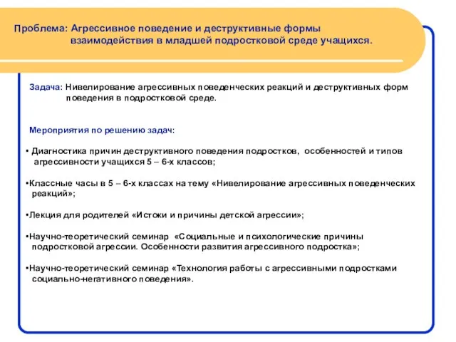 Проблема: Агрессивное поведение и деструктивные формы взаимодействия в младшей подростковой среде учащихся.