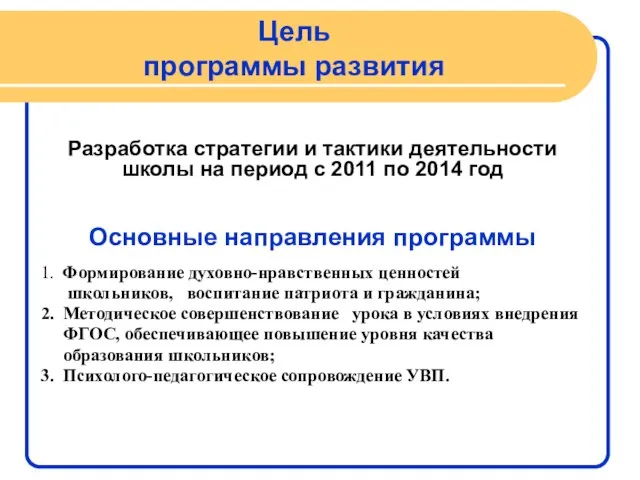 Цель программы развития Разработка стратегии и тактики деятельности школы на период с