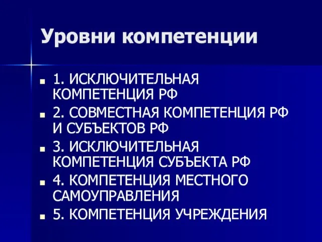 Уровни компетенции 1. ИСКЛЮЧИТЕЛЬНАЯ КОМПЕТЕНЦИЯ РФ 2. СОВМЕСТНАЯ КОМПЕТЕНЦИЯ РФ И СУБЪЕКТОВ