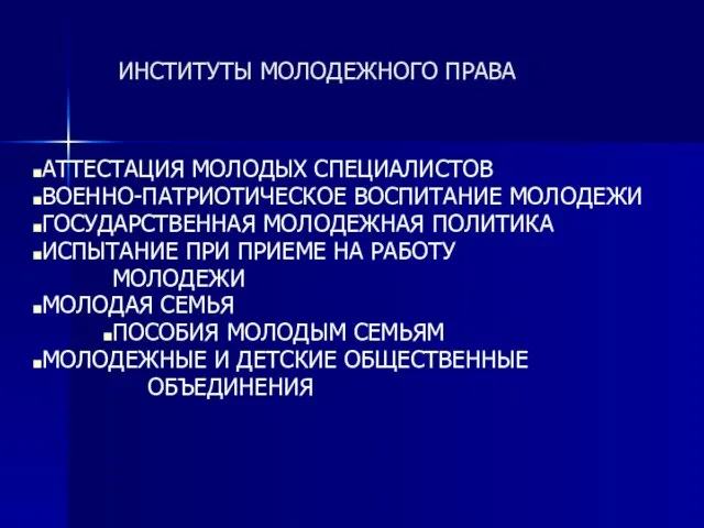 ИНСТИТУТЫ МОЛОДЕЖНОГО ПРАВА АТТЕСТАЦИЯ МОЛОДЫХ СПЕЦИАЛИСТОВ ВОЕННО-ПАТРИОТИЧЕСКОЕ ВОСПИТАНИЕ МОЛОДЕЖИ ГОСУДАРСТВЕННАЯ МОЛОДЕЖНАЯ ПОЛИТИКА