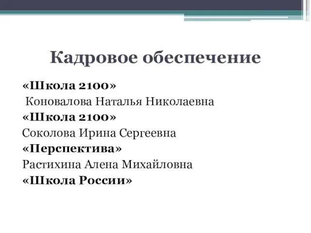 Кадровое обеспечение «Школа 2100» Коновалова Наталья Николаевна «Школа 2100» Соколова Ирина Сергеевна