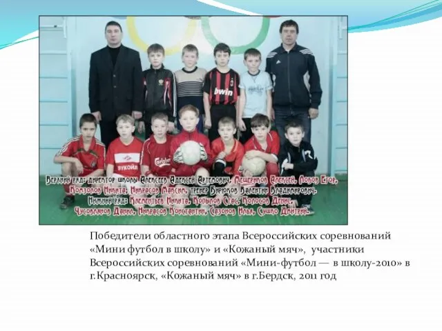 Победители областного этапа Всероссийских соревнований «Мини футбол в школу» и «Кожаный мяч»,