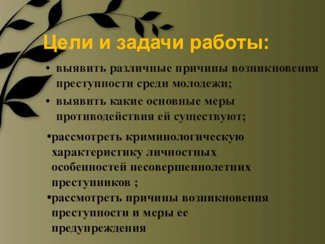 Цели и задачи работы: выявить различные причины возникновения преступности среди молодежи; выявить