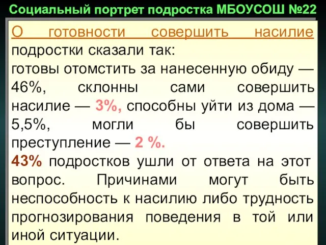 О готовности совершить насилие подростки сказали так: готовы отомстить за нанесенную обиду